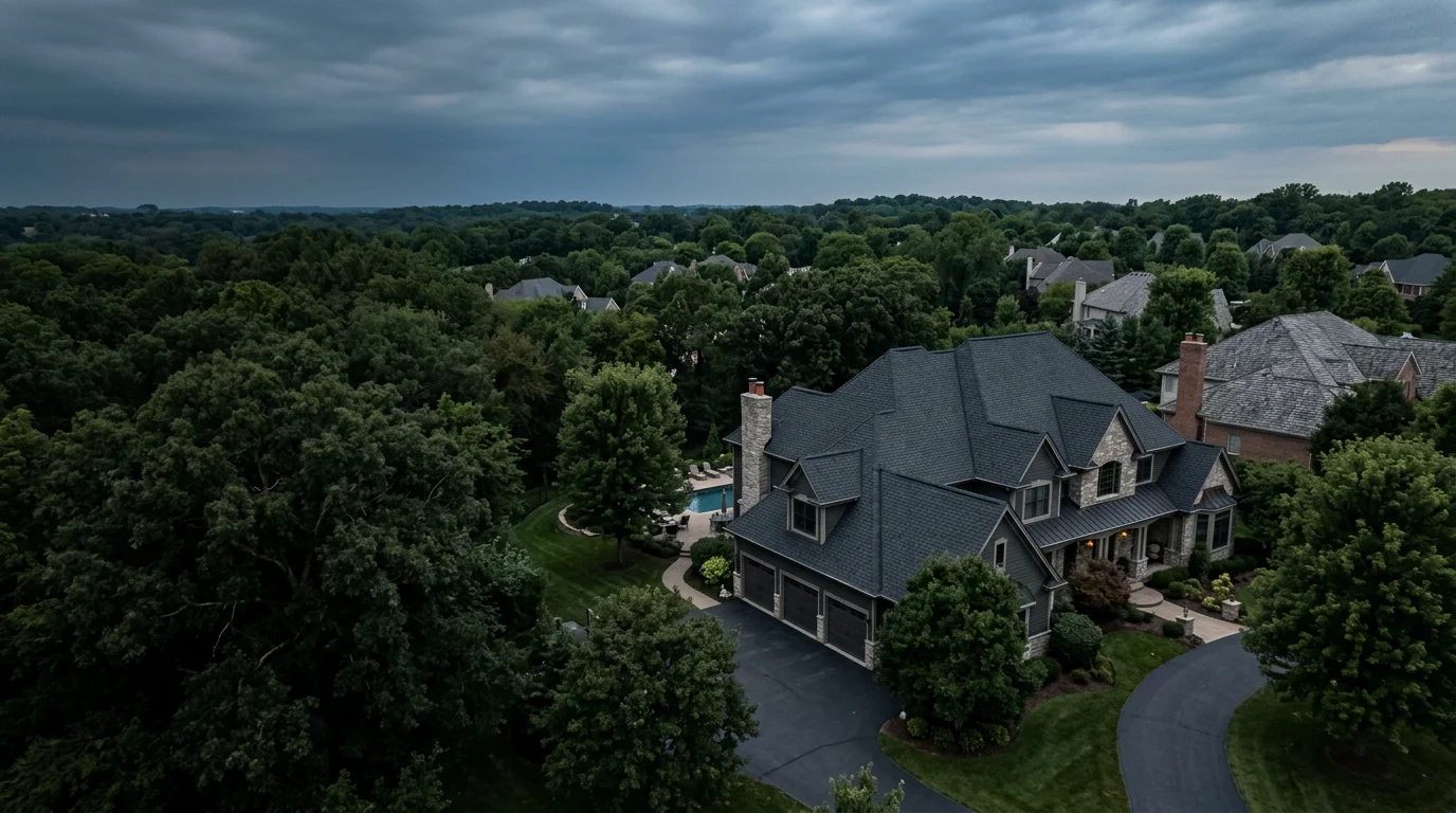 Aerial view of a residential property with a charcoal shingle roof